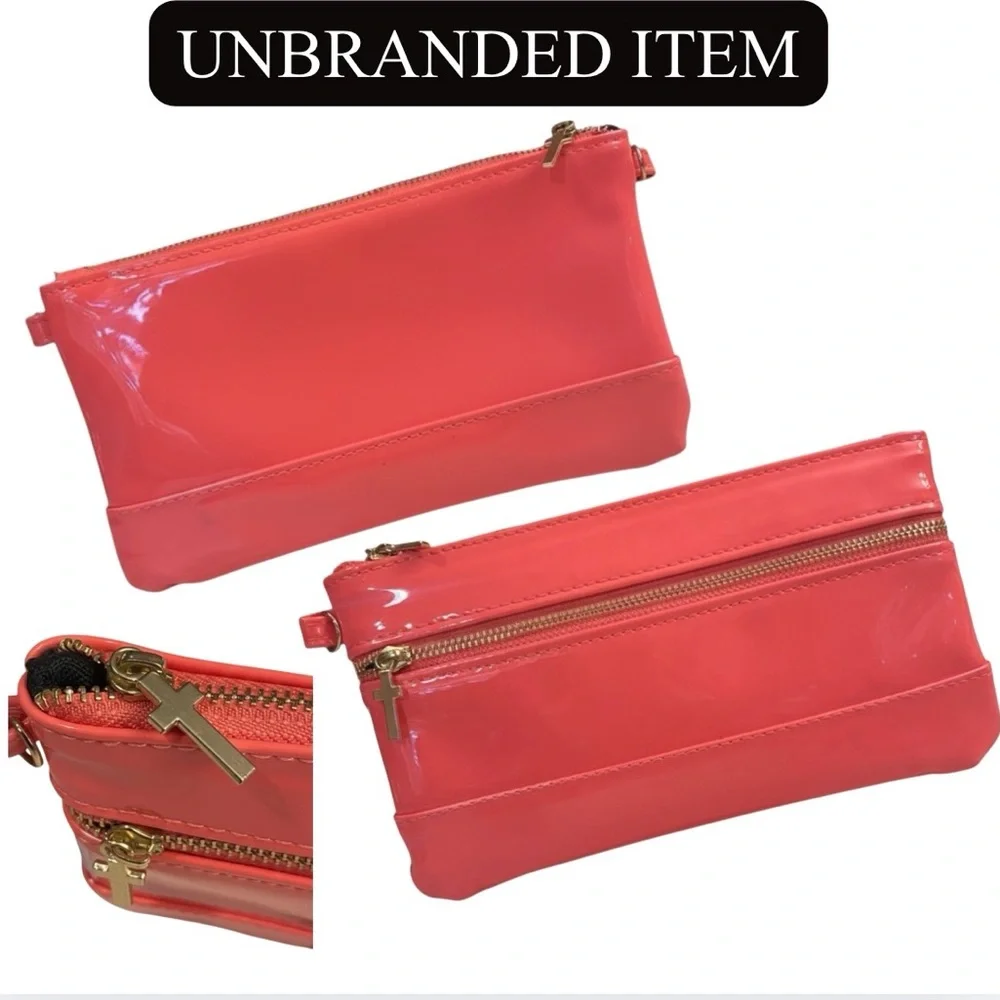PURSE: Coral/Peach Patent Leather Pouch w/Golden Cross Charm Zipper Pulls, NWOT